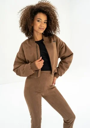 - Short full zipped brown faux suede sweatshirt