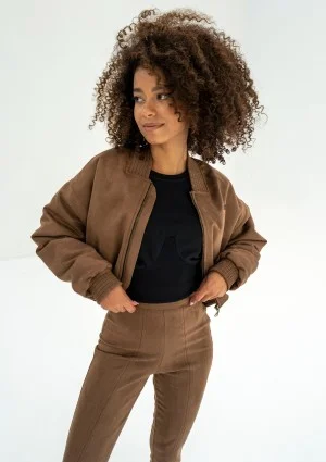 - Short full zipped brown faux suede sweatshirt