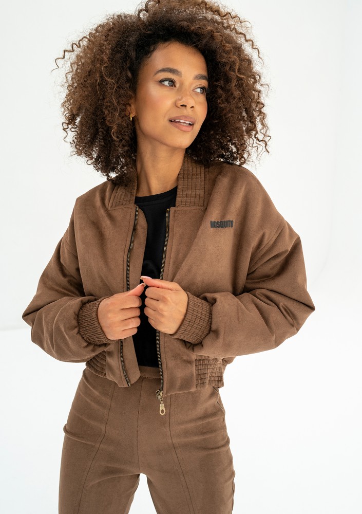 - Short full zipped brown faux suede sweatshirt