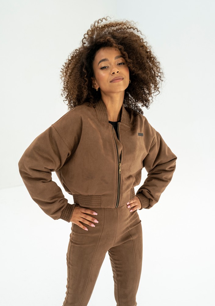 - Short full zipped brown faux suede sweatshirt