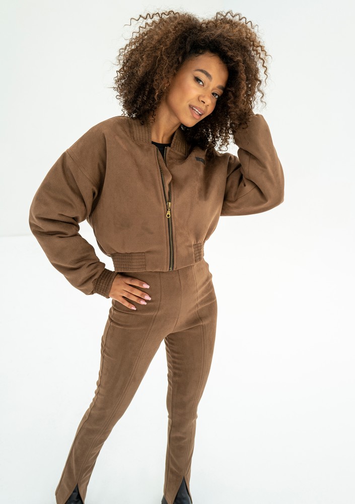 - Short full zipped brown faux suede sweatshirt