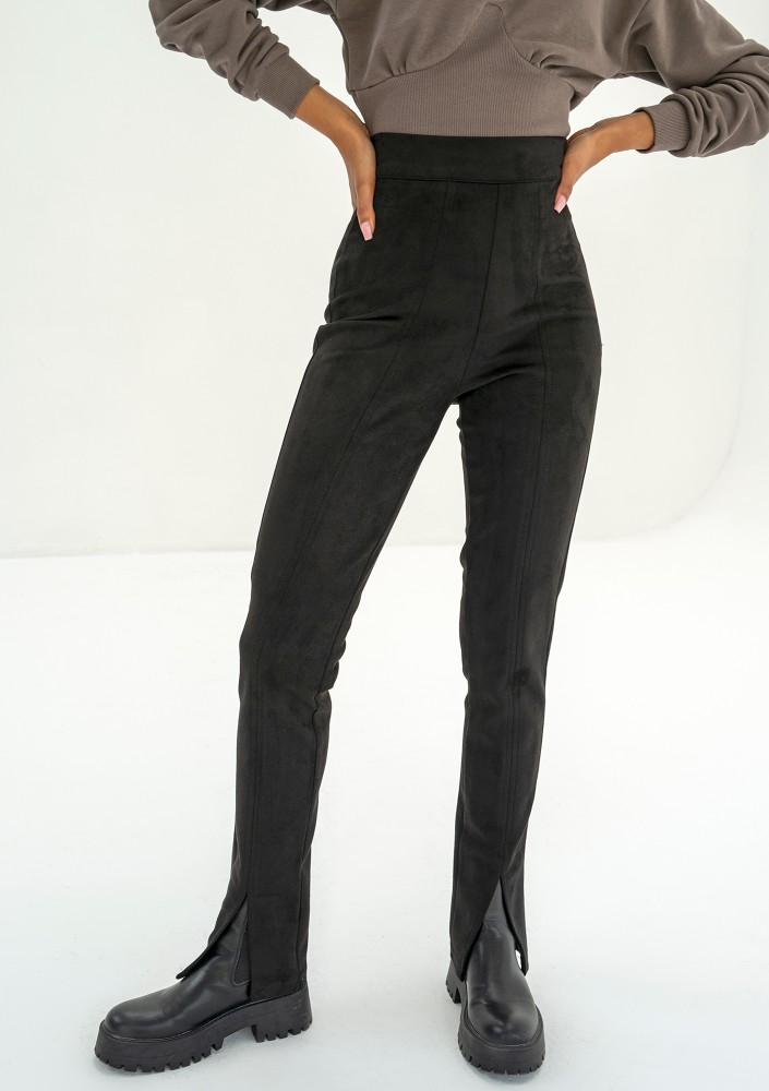 Ruby - Slim fit black faux suede trousers
