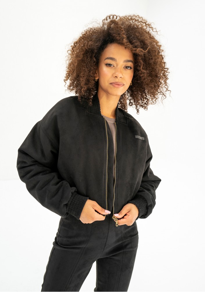 Ruby - Short full zipped black faux suede sweatshirt