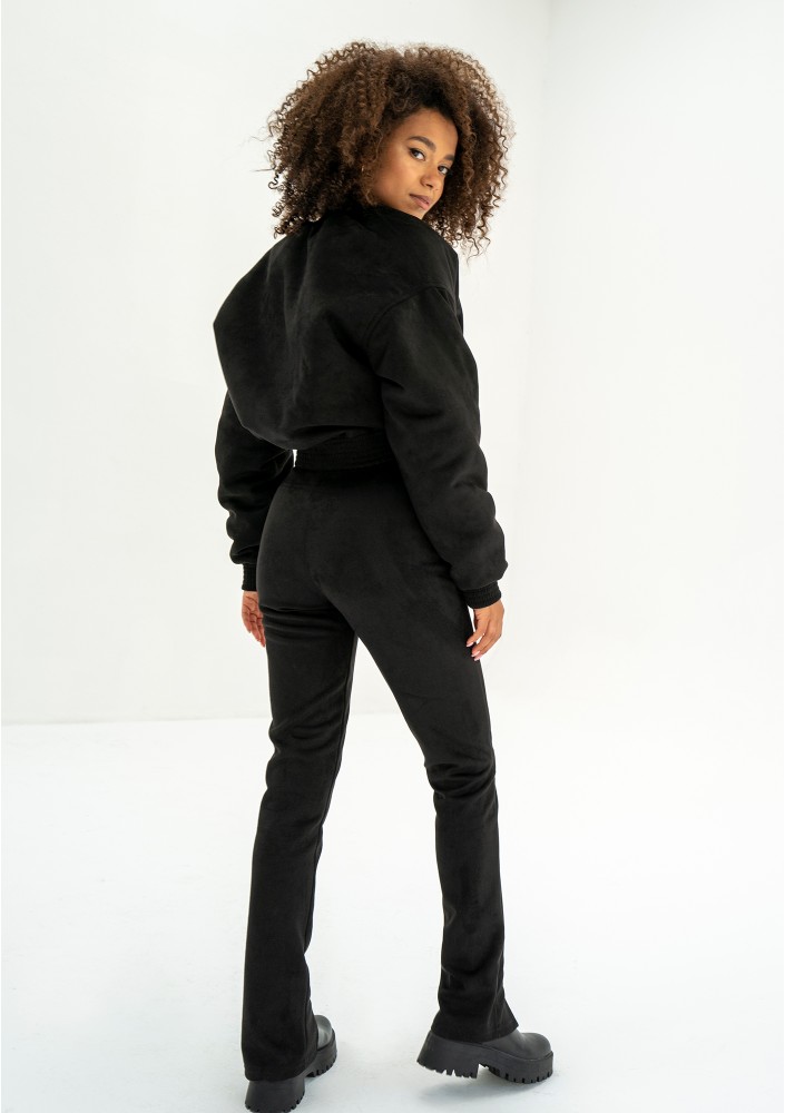 Ruby - Short full zipped black faux suede sweatshirt