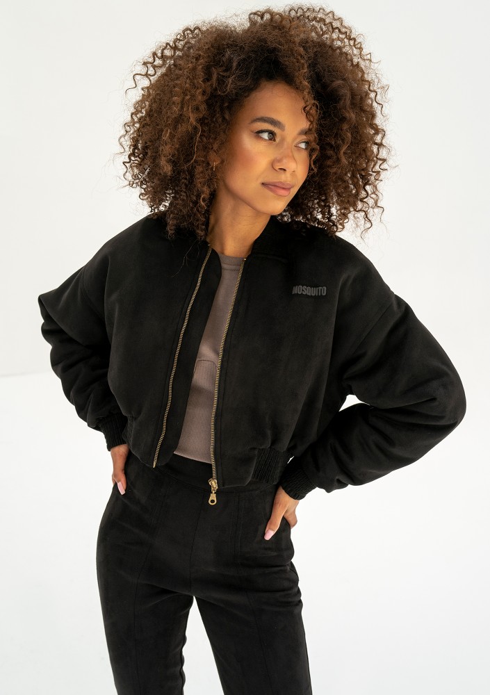 Ruby - Short full zipped black faux suede sweatshirt