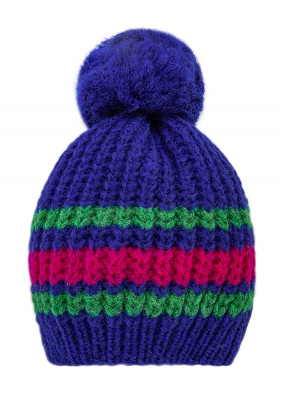 Czapka w paski z pomponem Kobaltowa