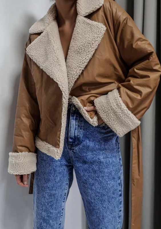 Bocca - Toffee beige collared faux leather jacket