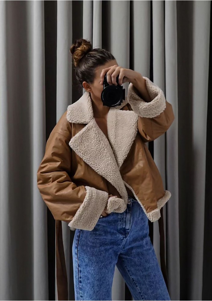 Bocca - Toffee beige collared faux leather jacket