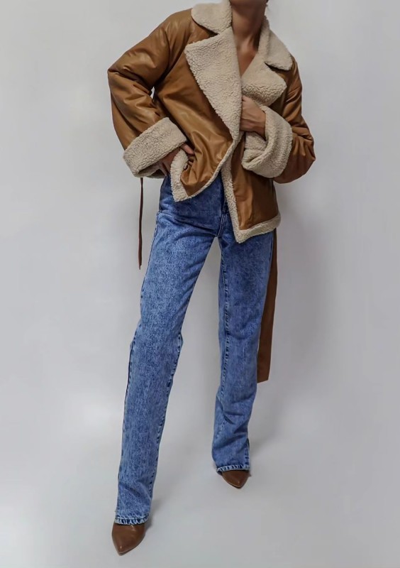 Bocca - Toffee beige collared faux leather jacket