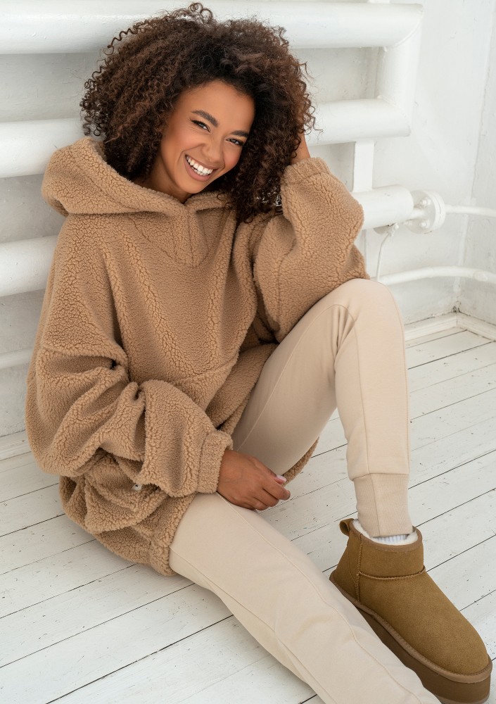 Ozzy - Bluza z baranka oversize z kapturem Beżowa