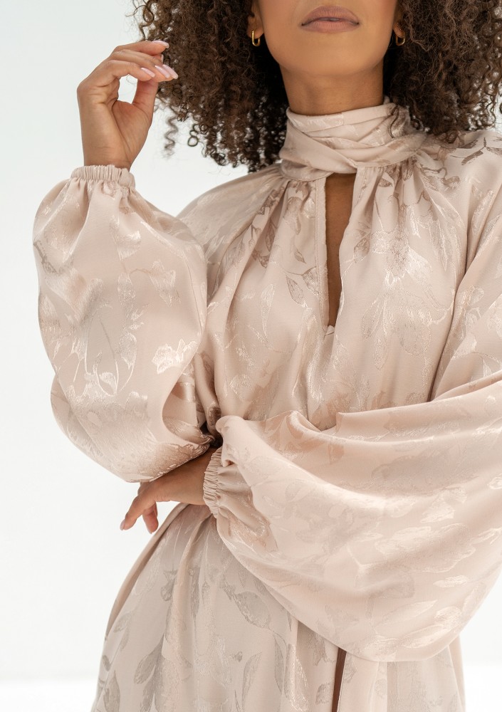 Lori - Beige frilled jacquard rayon dress