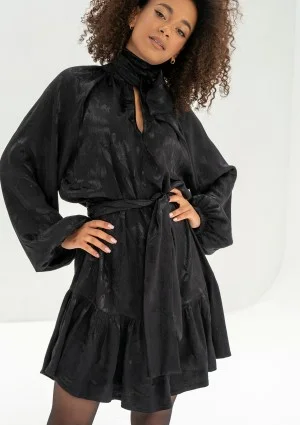 Lori - Black frilled jacquard rayon dress