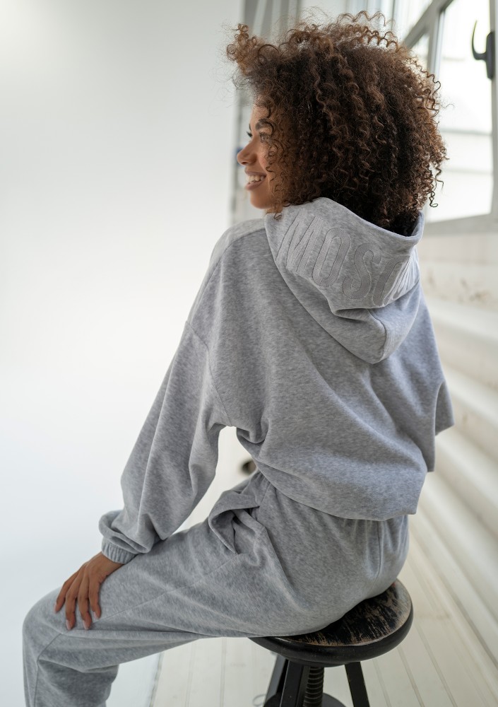 Icon Velvet - Melange grey velour hoodie with a logo