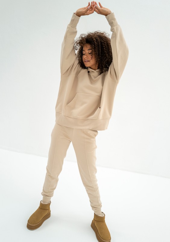 Hoody - Bluza kangurka z haftowanym kapturem Sand Beige