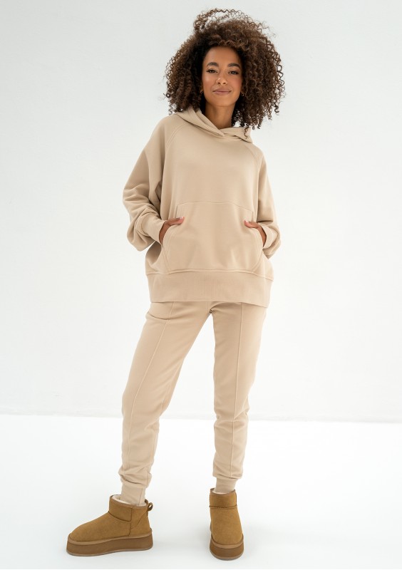 Hoody - Bluza kangurka z haftowanym kapturem Sand Beige