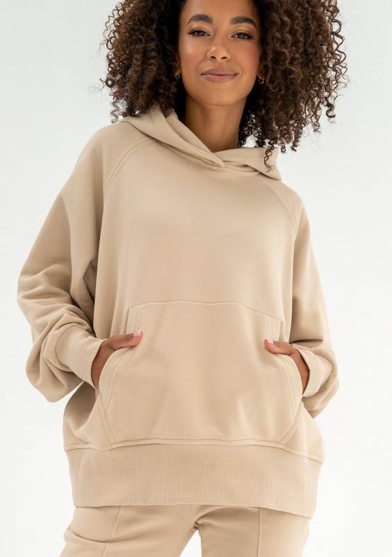 Hoody - Bluza kangurka z haftowanym kapturem Sand Beige