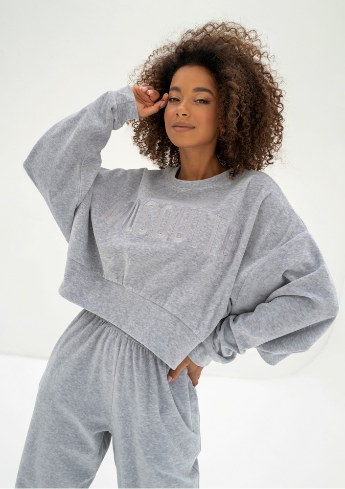 Shore Velvet - Melange grey velour sweatshirt with a logo