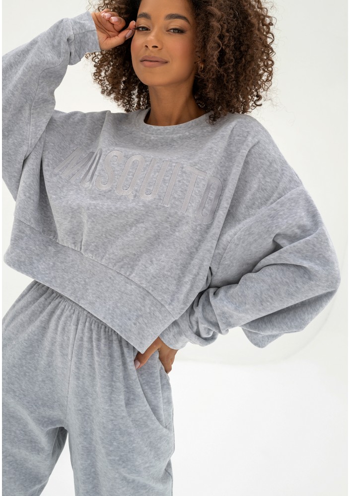 Shore Velvet - Melange grey velour sweatshirt with a logo