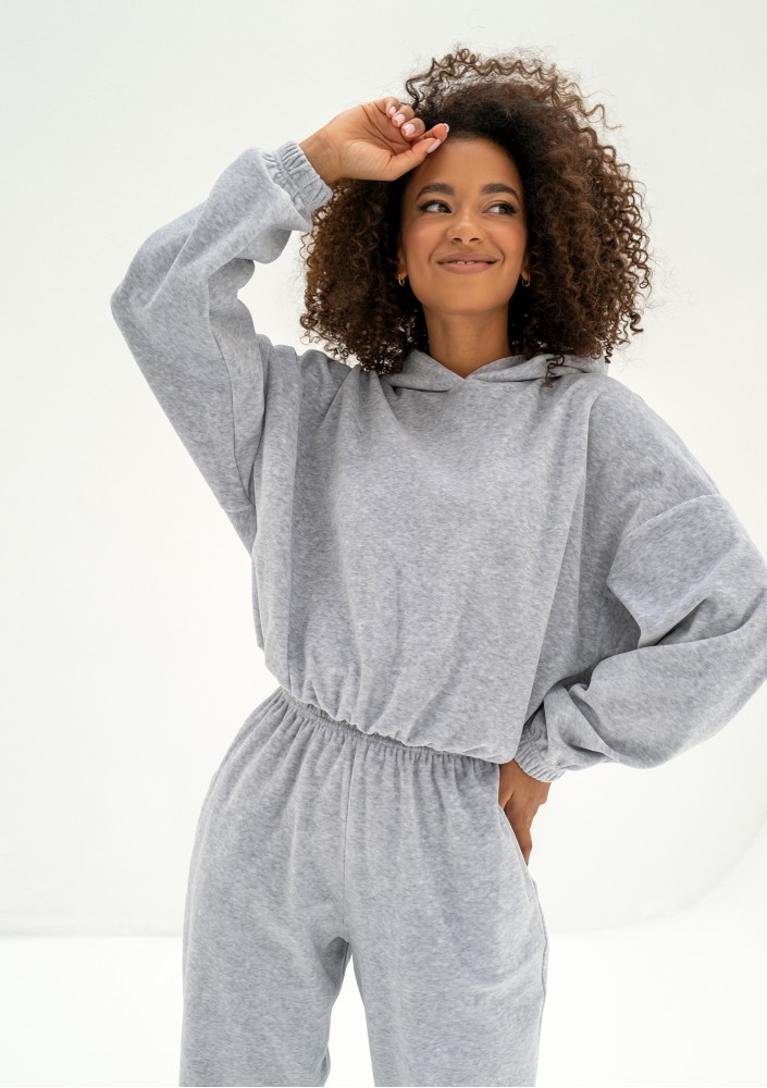 Icon Velvet - Bluza welurowa z kapturem Grey Melange
