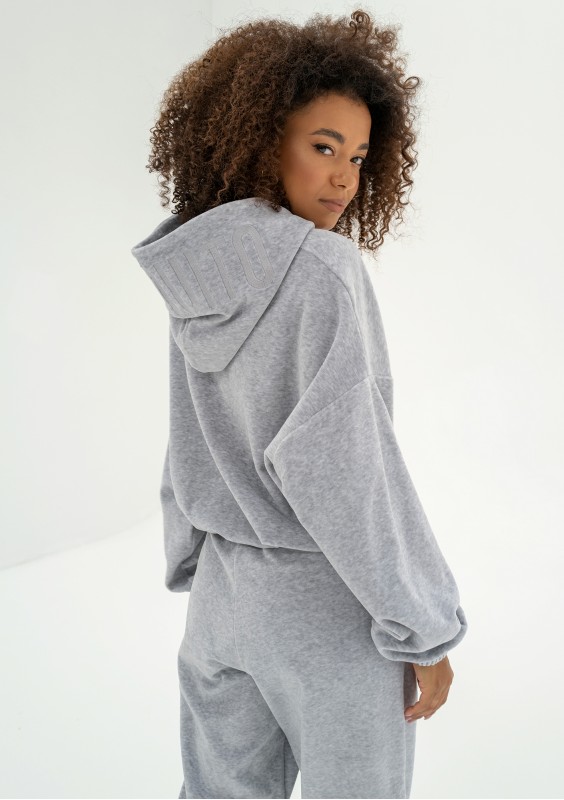 Icon Velvet - Melange grey velour hoodie with a logo
