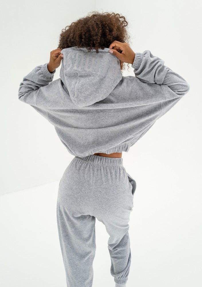 Icon Velvet - Bluza welurowa z kapturem Grey Melange