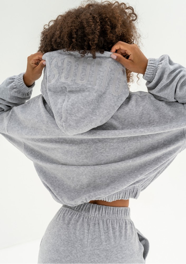 Icon Velvet - Melange grey velour hoodie with a logo
