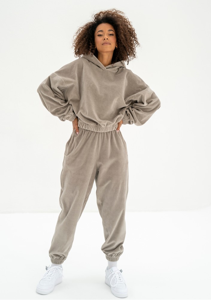 Icon Velvet - Taupe velour hoodie with a logo