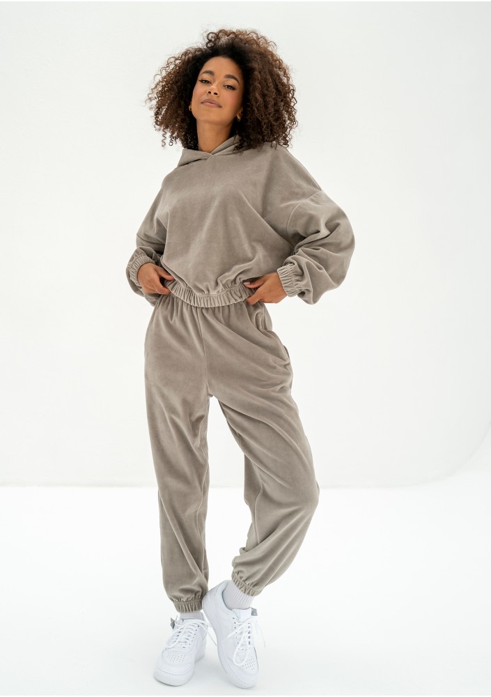 Icon Velvet - Bluza welurowa z kapturem Taupe