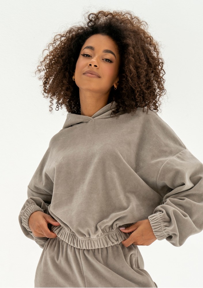 Icon Velvet - Taupe velour hoodie with a logo