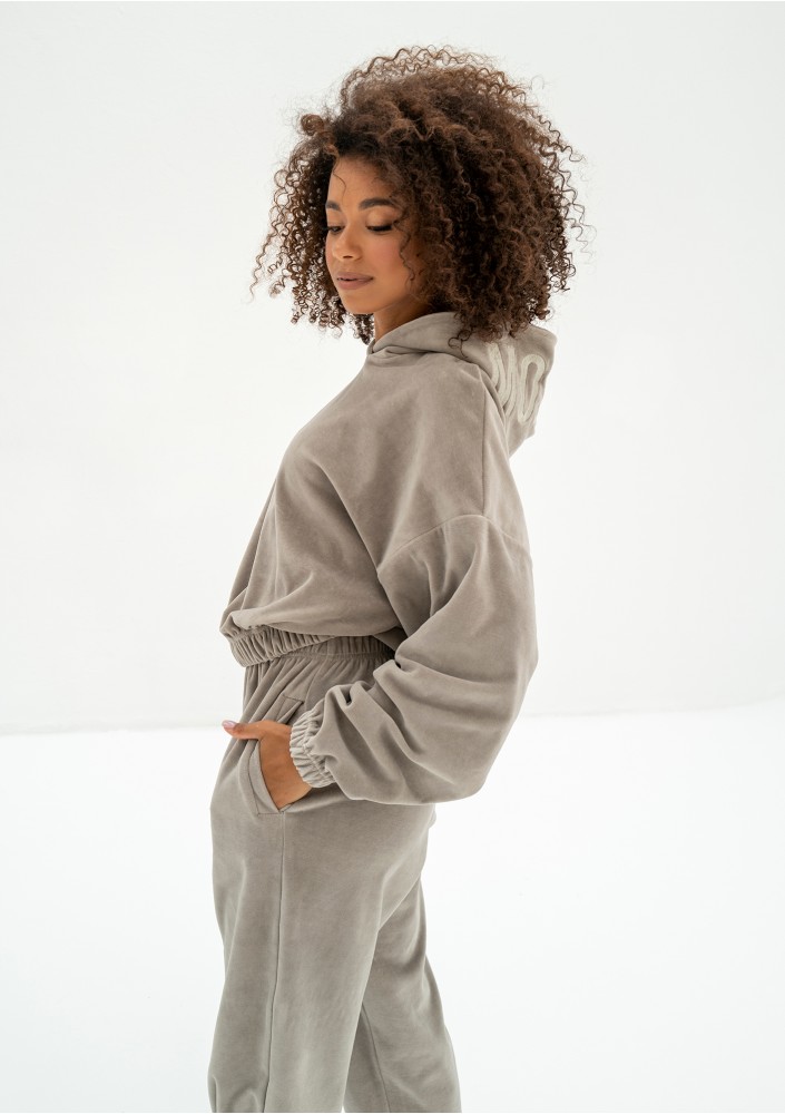 Icon Velvet - Bluza welurowa z kapturem Taupe