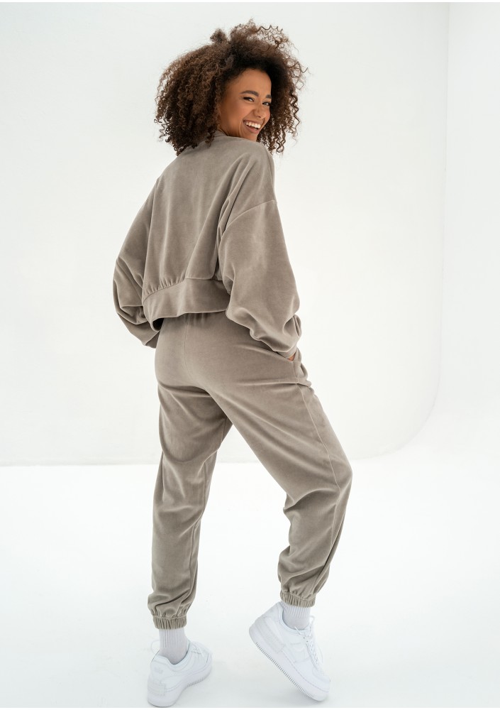 Shore Velvet - Taupe velour sweatshirt with a logo