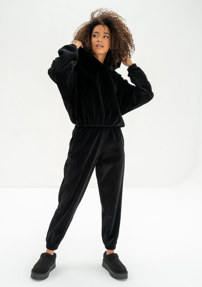 Icon Velvet - Black velour hoodie with a logo