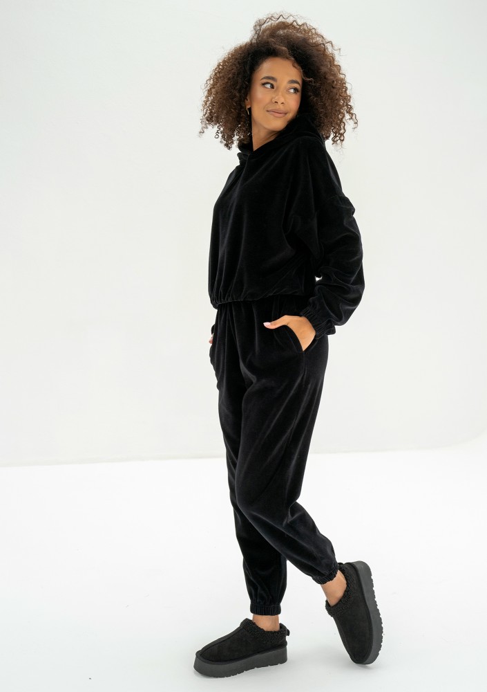 Icon Velvet - Black velour hoodie with a logo