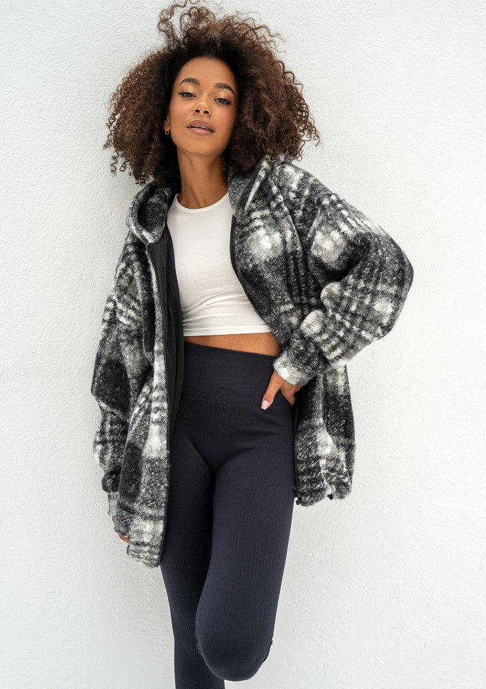 Furry - Kurtka oversize z bukli w kratę