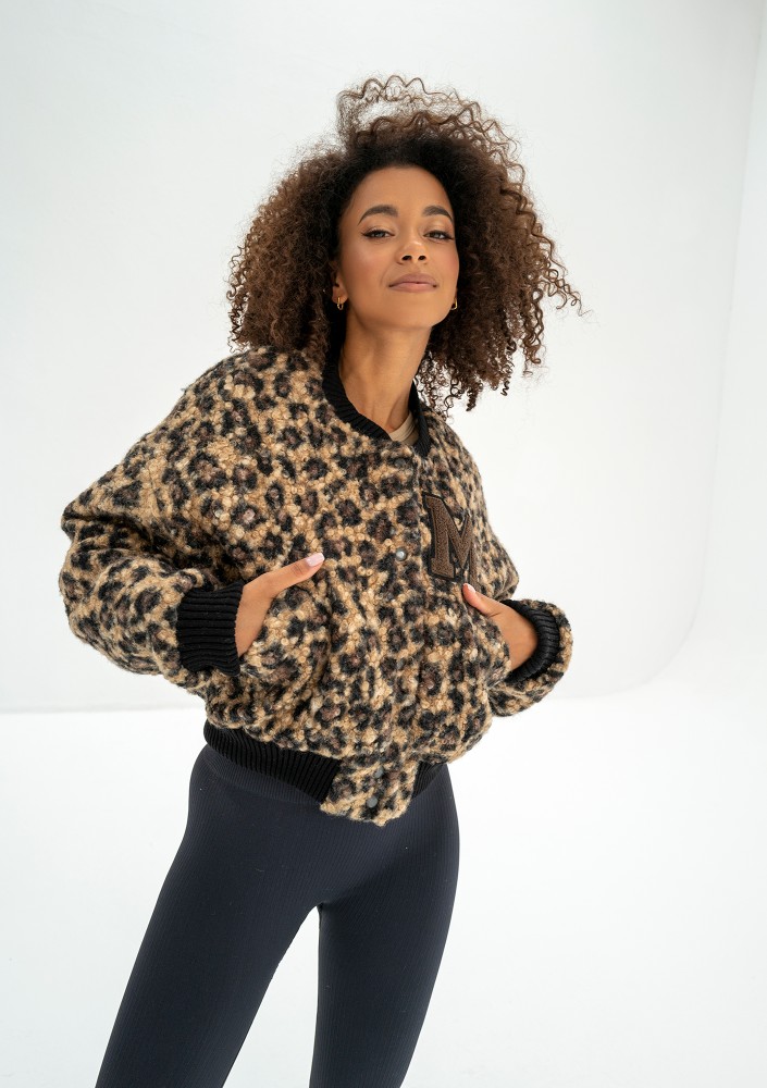 Blaze - Leopard spots printed boucle bomber jacket with a "M" logo