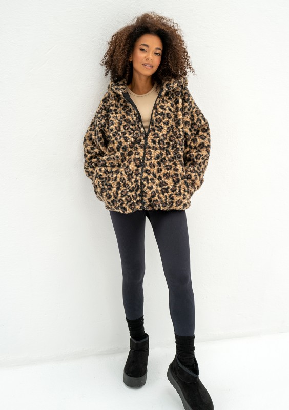 Furry - Leopard spots printed boucle oversize jacket