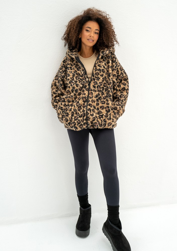 Furry - Leopard spots printed boucle oversize jacket