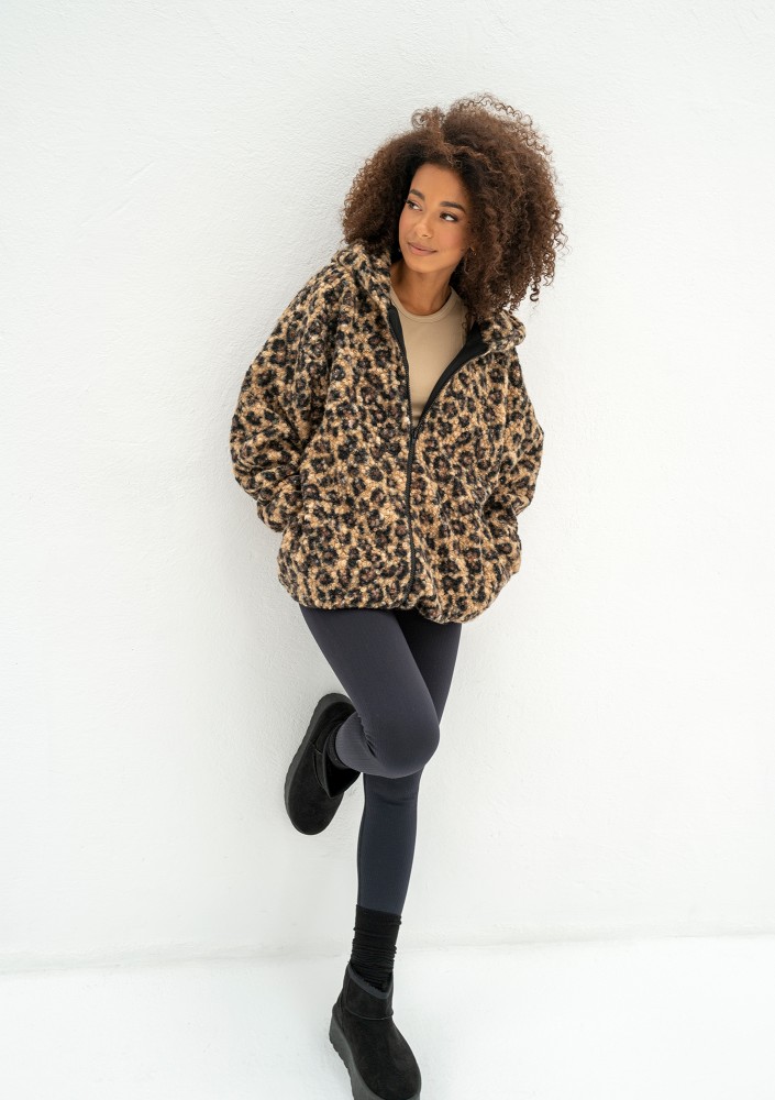 Furry - Leopard spots printed boucle oversize jacket