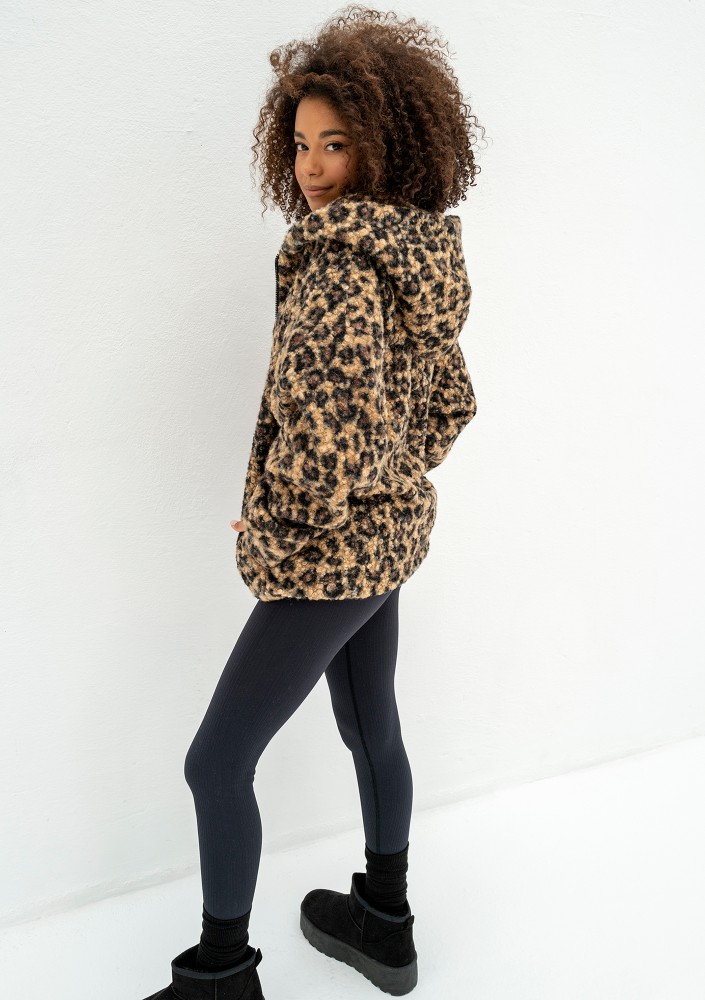 Furry - Leopard spots printed boucle oversize jacket