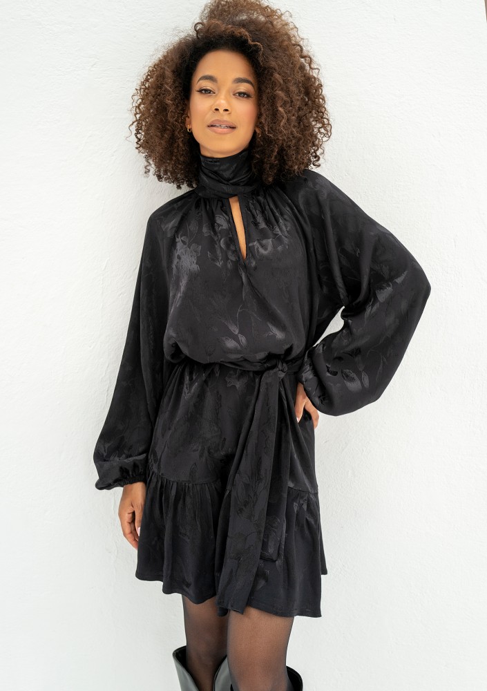 Lori - Black frilled jacquard rayon dress
