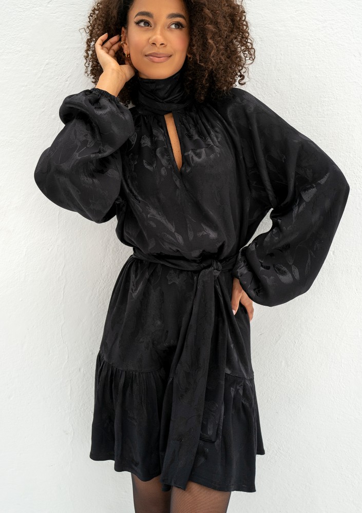 Lori - Black frilled jacquard rayon dress