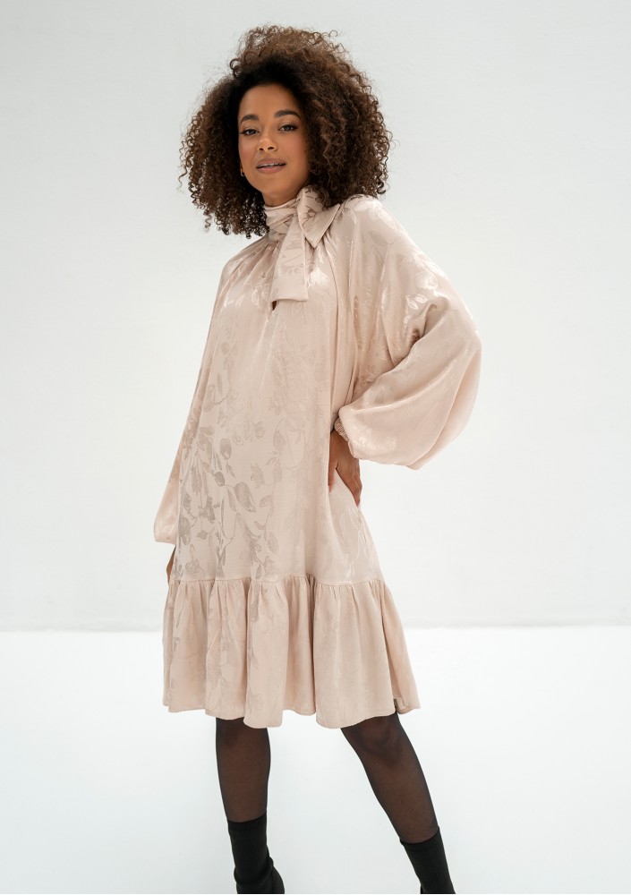 Lori - Beige frilled jacquard rayon dress