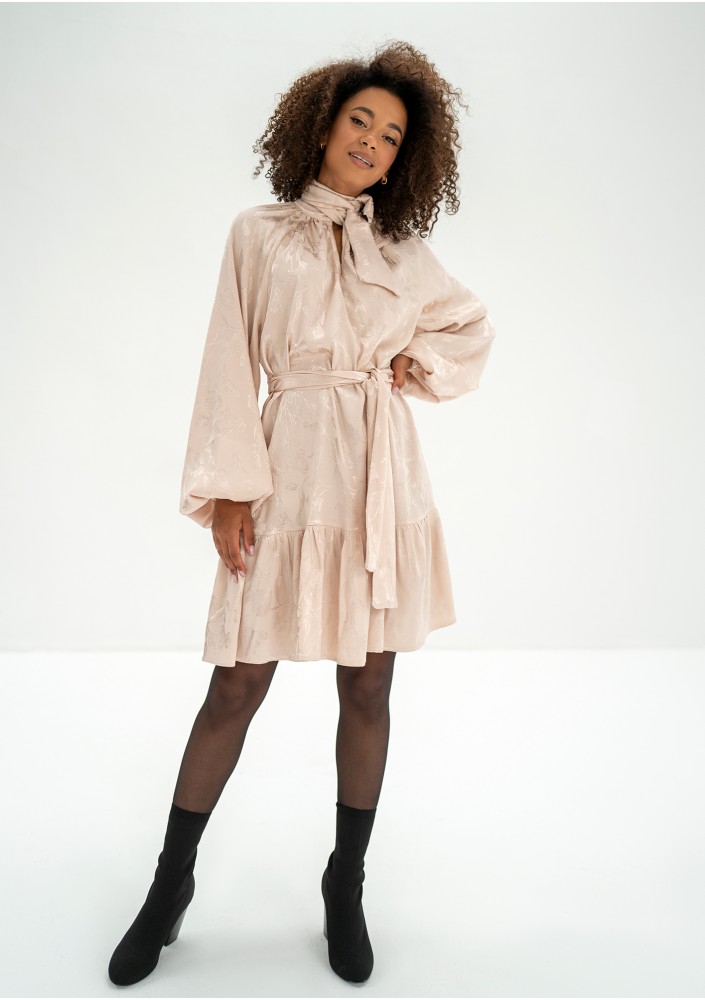Lori - Beige frilled jacquard rayon dress