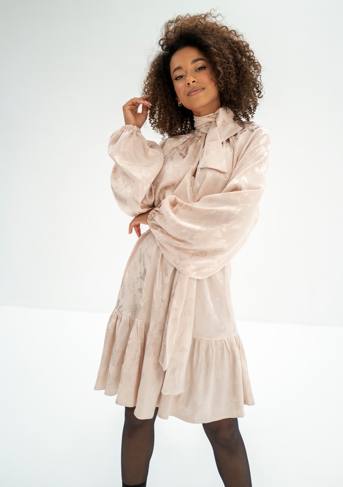 Lori - Beige frilled jacquard rayon dress