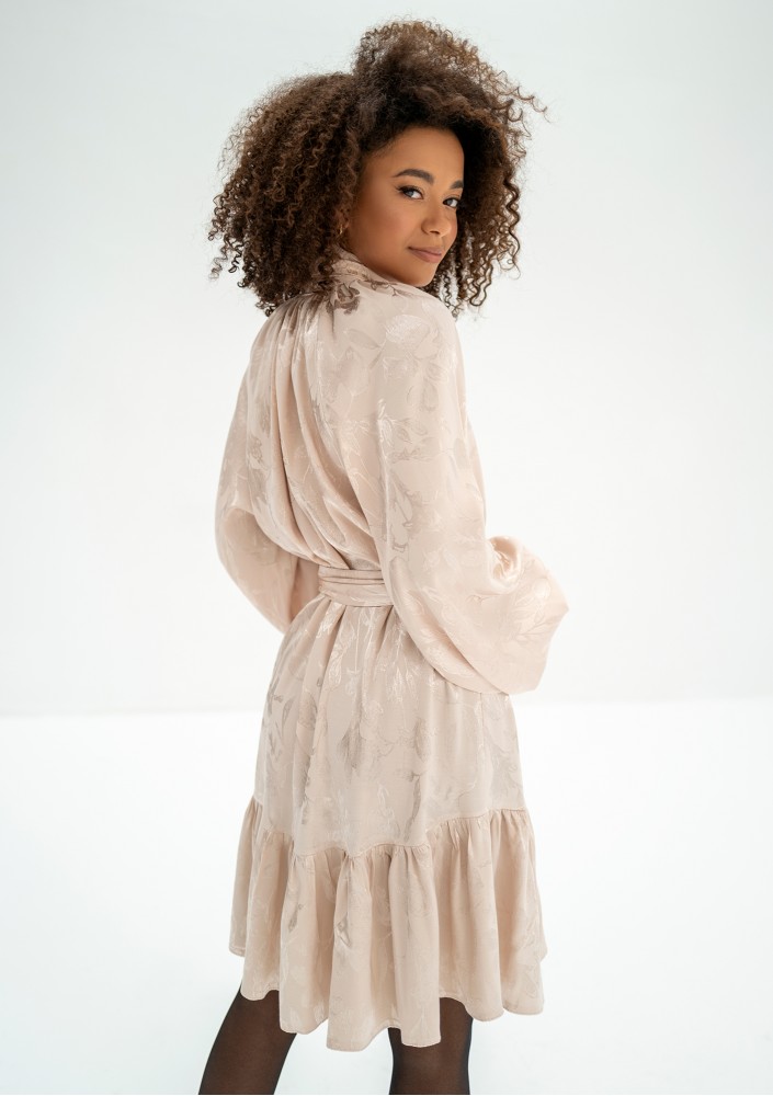 Lori - Beige frilled jacquard rayon dress