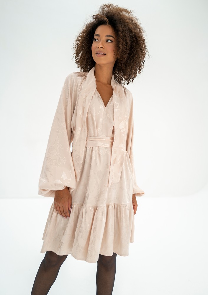 Lori - Beige frilled jacquard rayon dress