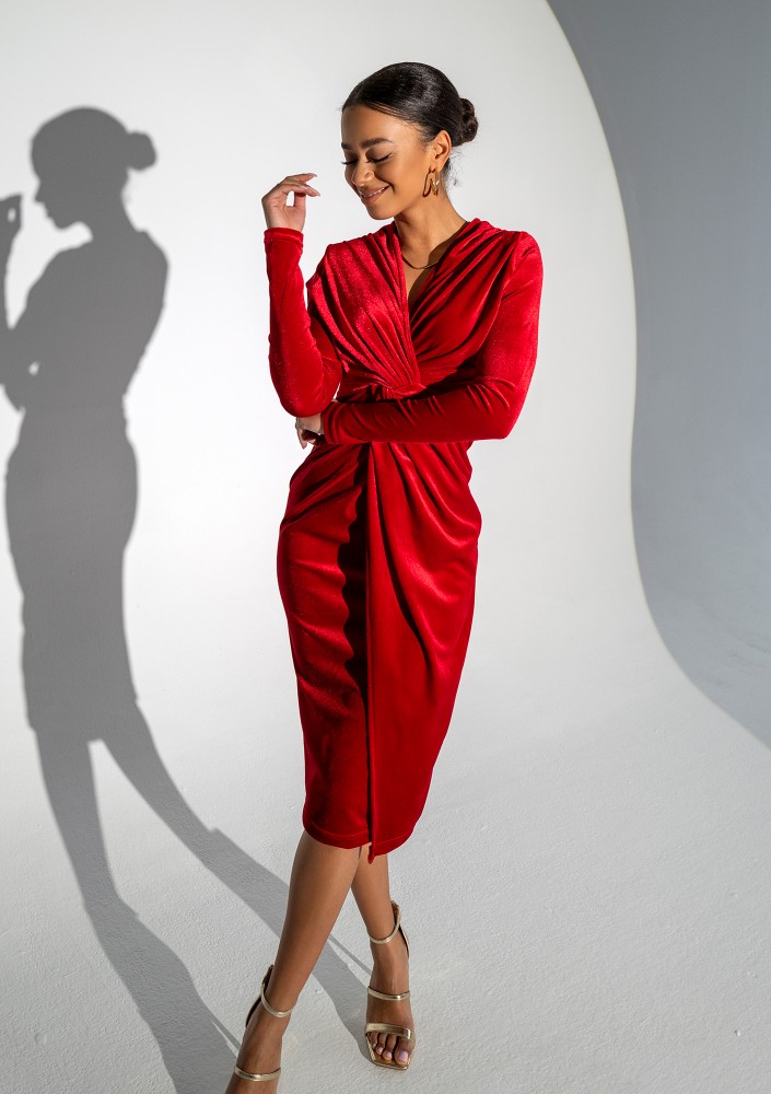 Rose - Red velvet midi draped dress