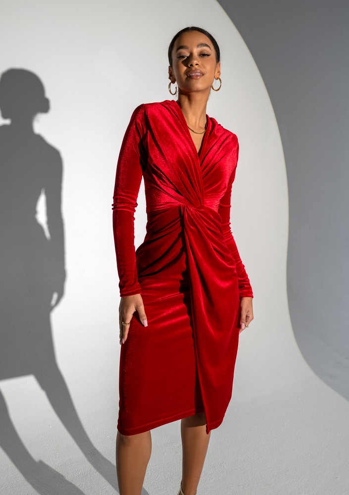 Rose - Red velvet midi draped dress
