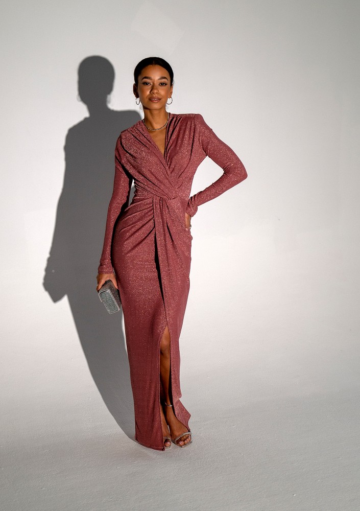 Mayell - Błyszcząca sukienka maxi Dusty Rose