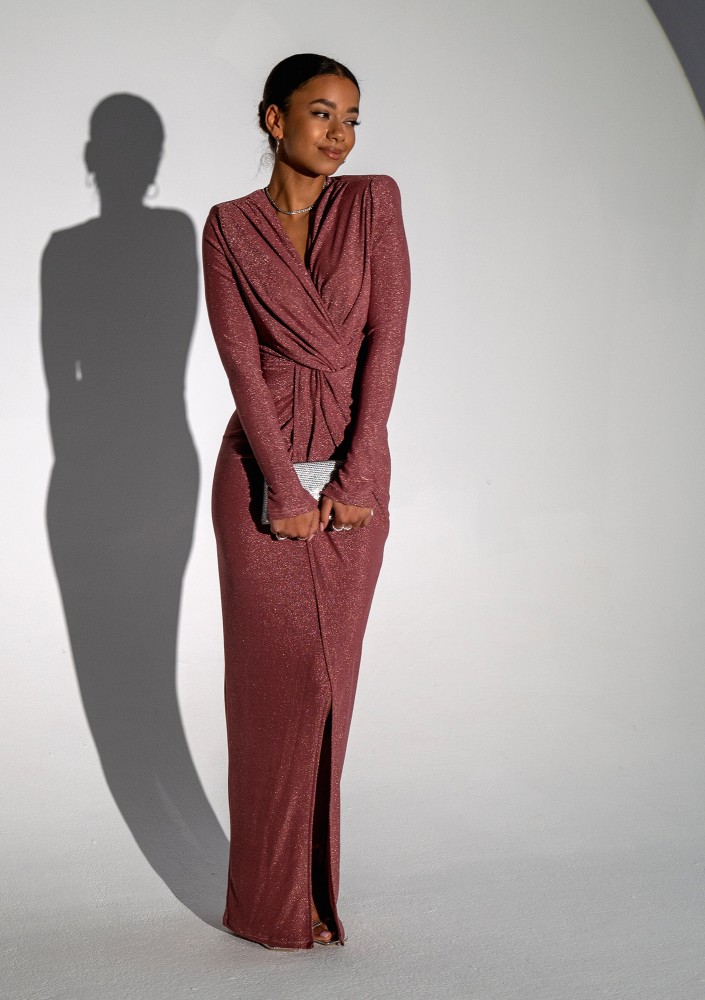 Mayell - Błyszcząca sukienka maxi Dusty Rose